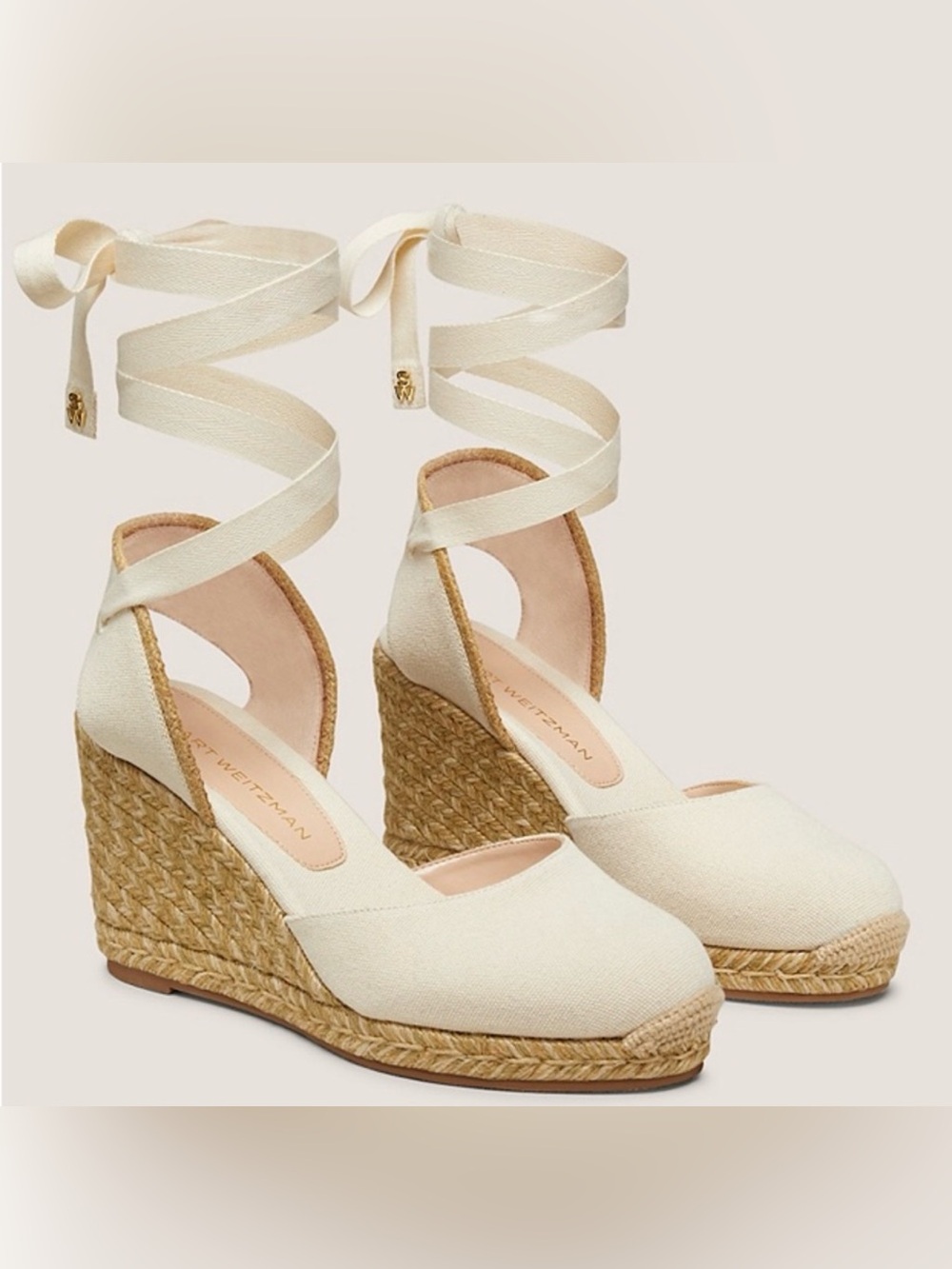 Stuart Weitzman Cream Canvas Espadrille Wedge with Wrap Ankle Ties NWOT - Picture 2 of 8